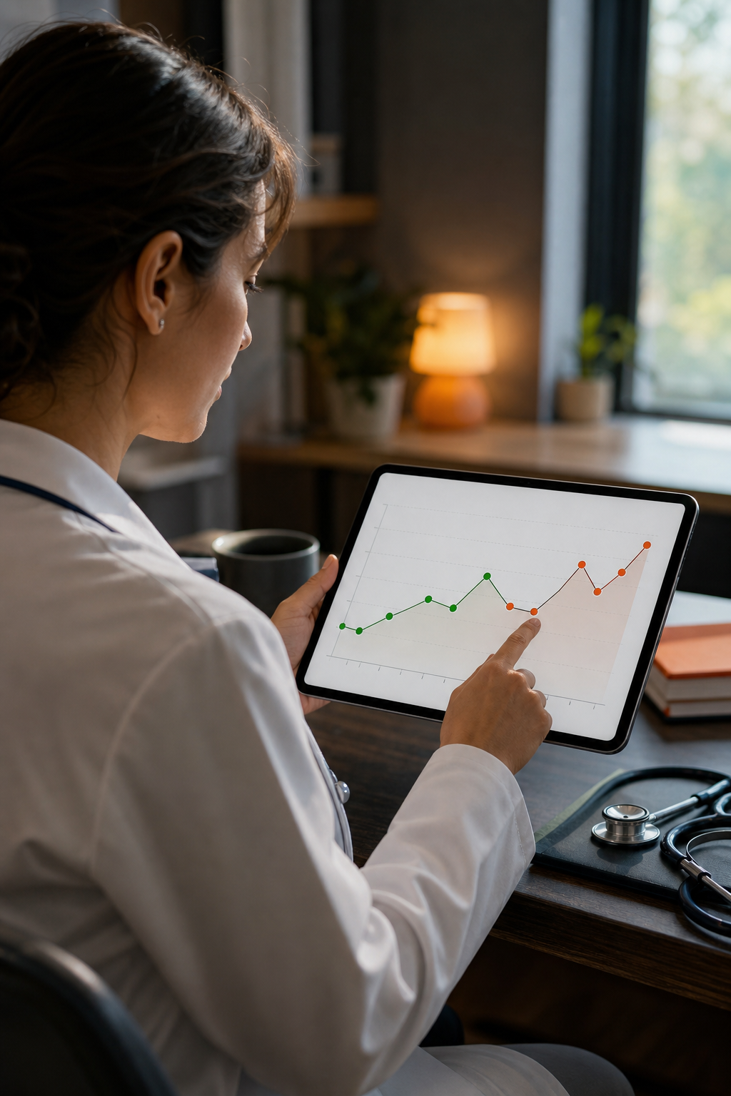 A cinematic illustration of a clinician reviewing a line chart on a tablet, with data points highlighted in green and red, soft office lighting, alt: tracking burnout risk over time