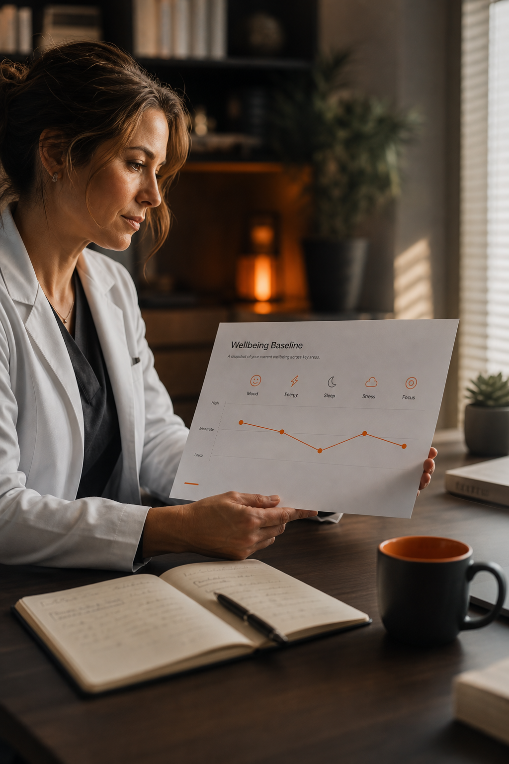 A clinician reviewing a simple wellbeing baseline chart, cinematic style. Alt: clinician baseline chart