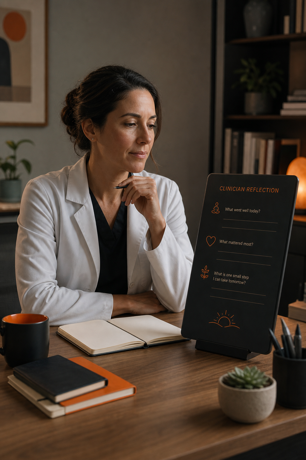 A calm clinician at a desk with a simple reflection board, cinematic style. Alt: clinician reflection board