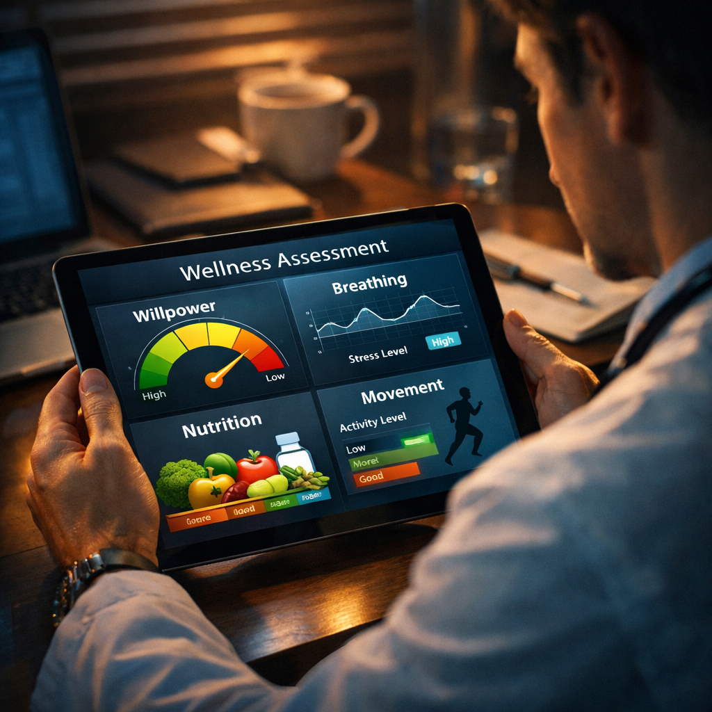 A cinematic illustration of a clinician reviewing multiple wellness domains on a digital tablet, showing charts for willpower, breathing, nutrition, and movement. Alt: clinician burnout self assessment questionnaire visual overview