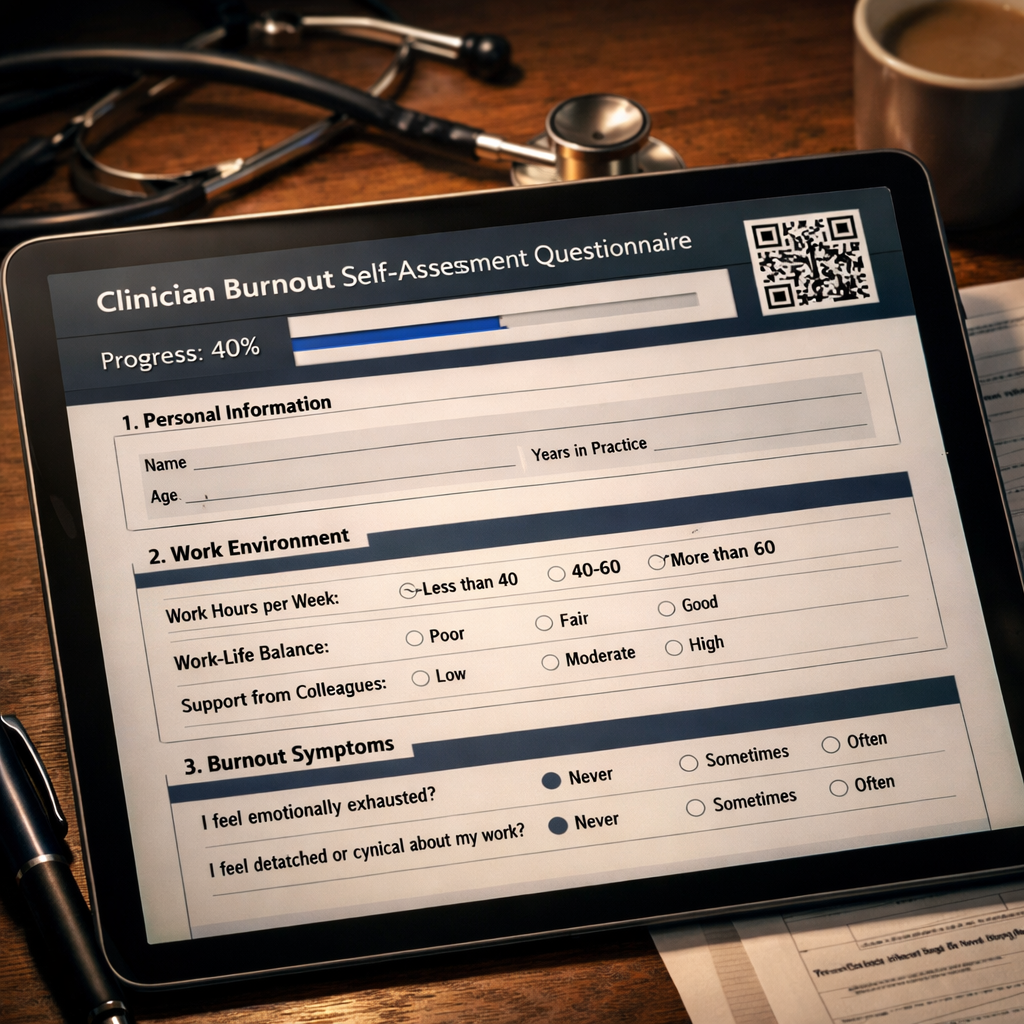 A cinematic scene of a clean digital form on a tablet, with sections clearly separated, progress bar at the top, and a QR code beside it. Alt: clinician burnout self assessment questionnaire layout example
