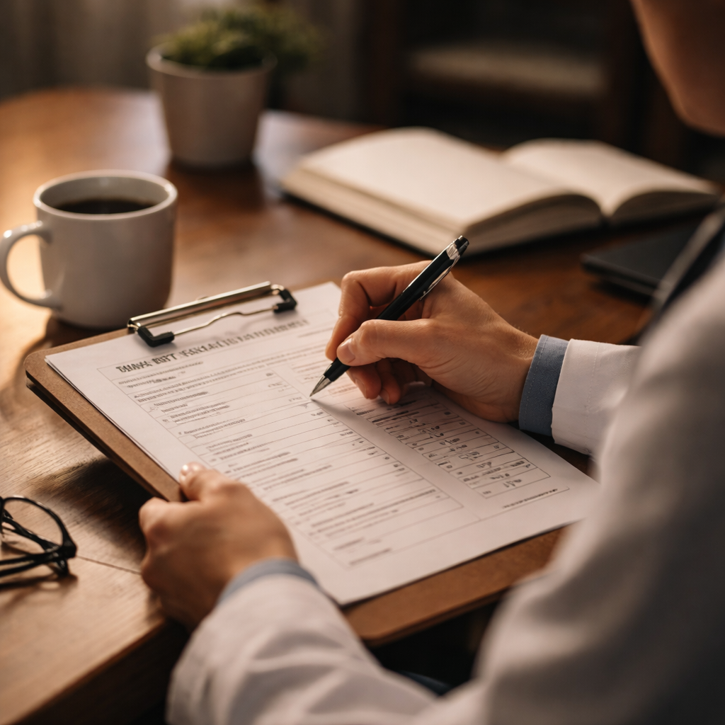 A cinematic scene of a clinician sitting at a desk, filling out a paper questionnaire with soft focused light, showing a clipboard and a coffee mug, reflecting a calm self-assessment moment. Alt: Clinician using a free validated mental health questionnaire.