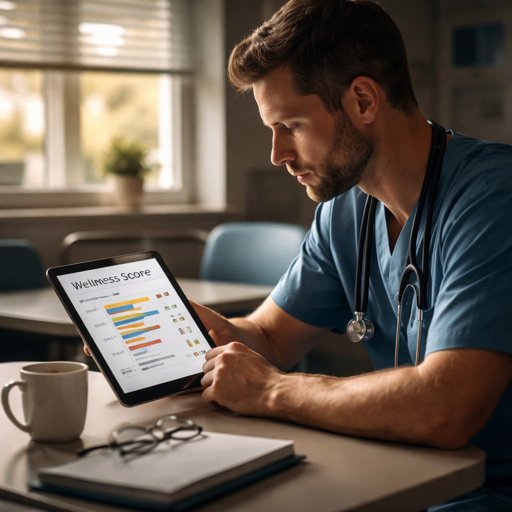 A cinematic scene of a hospital break room where a clinician reviews a printed wellness score chart on a tablet, soft natural light from a window, coffee mug beside, reflective mood. Alt: clinician reviewing mental health assessment scores in a quiet break room.