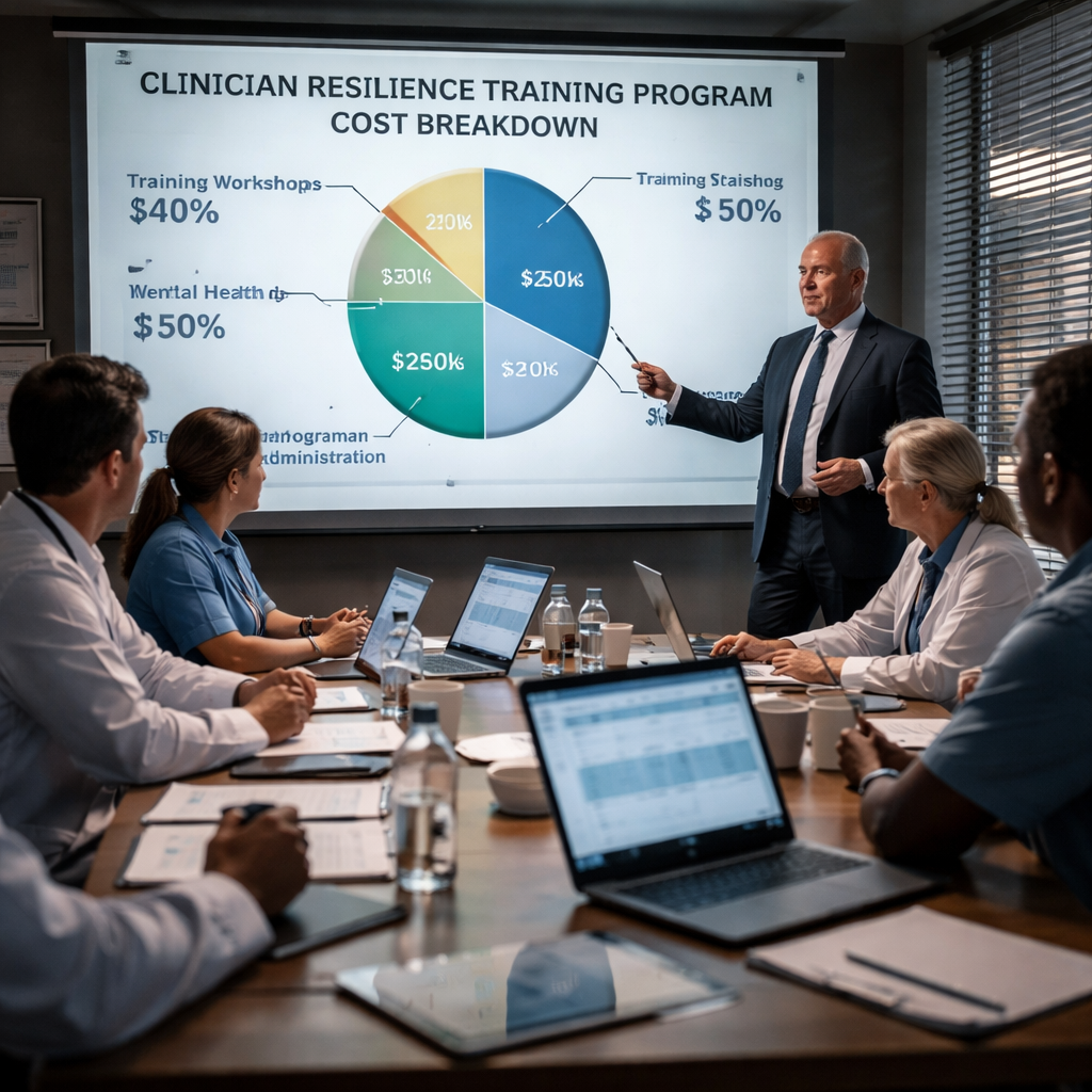 A cinematic scene of a hospital budget meeting with charts and laptops, showing cost breakdowns for a resilience program. Alt: clinician resilience training program cost breakdown illustration.