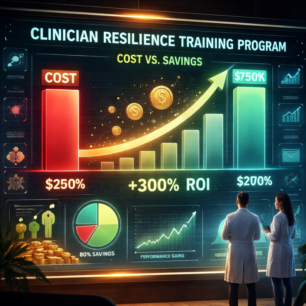 A cinematic illustration of a financial dashboard showing cost vs. savings for a clinician resilience training program, with charts and dollar signs. Alt: clinician resilience training program cost ROI dashboard.