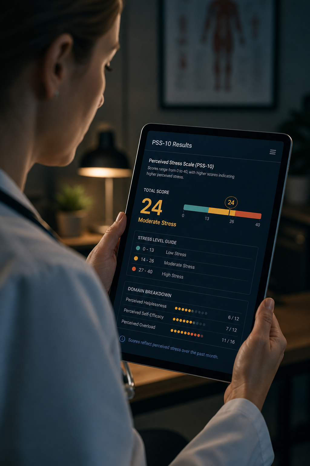 A cinematic close‑up of a clinician reviewing a digital stress screen on a tablet, moody lighting. Alt: clinician reviewing PSS-10 results on tablet.