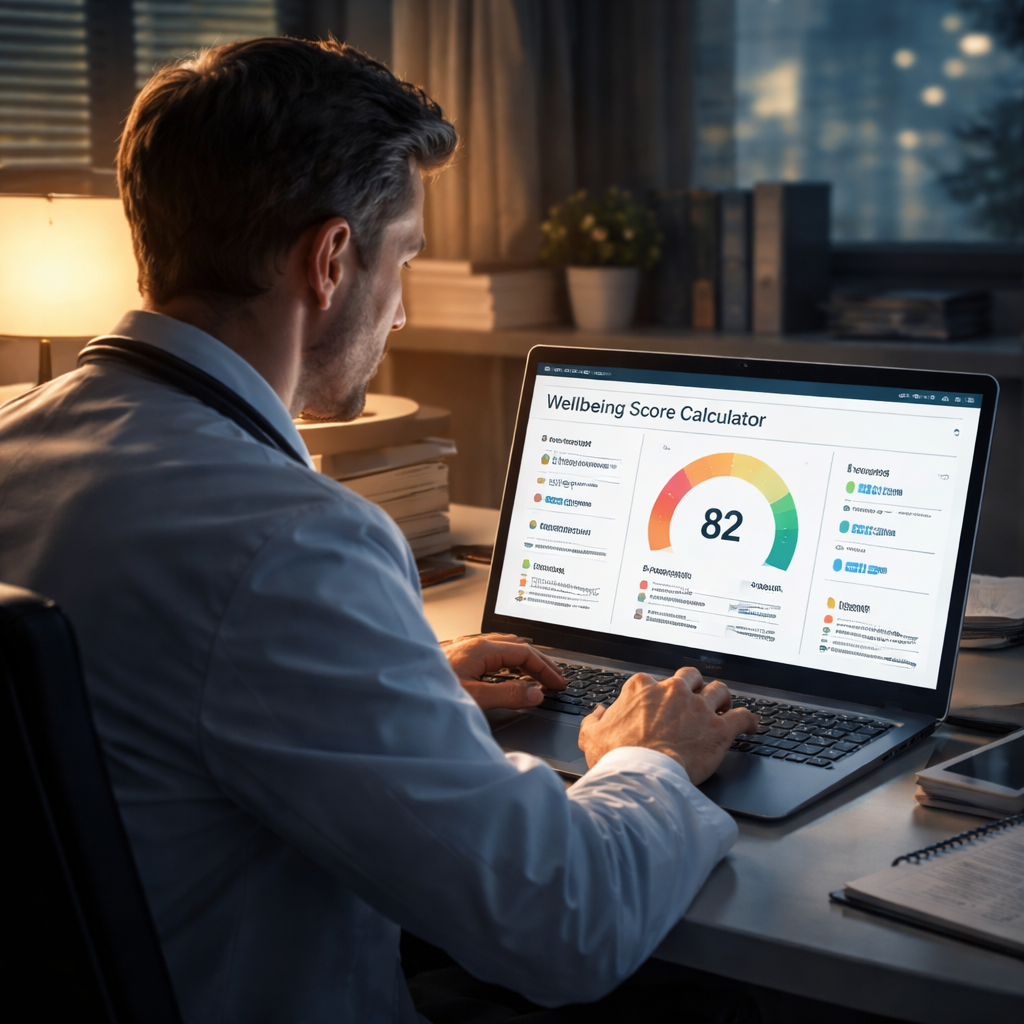A cinematic style illustration of a clinician sitting at a laptop, looking at a wellbeing score calculator dashboard. Alt: clinician wellbeing score calculator free interface