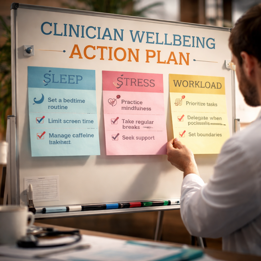 A cinematic style graphic showing a clinician’s action plan board with three sticky notes for sleep, stress, and workload. Alt: clinician wellbeing action plan template