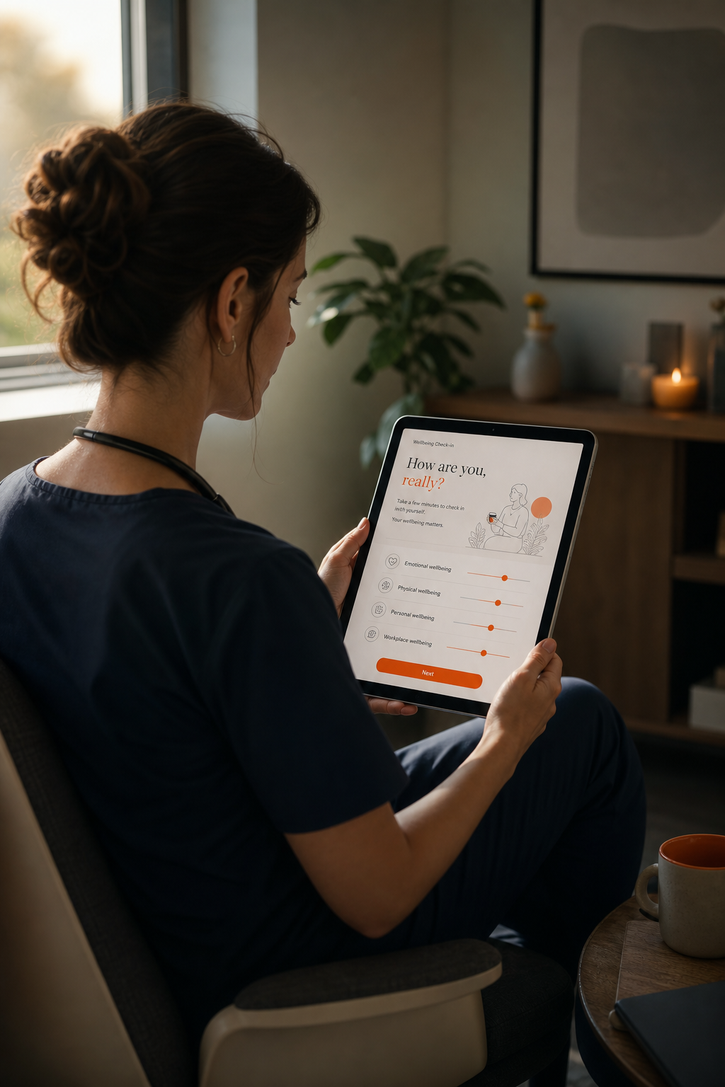 Cinematic shot of a clinician sitting alone in a quiet room, holding a tablet with a wellbeing assessment screen visible, soft natural light from a window, contemplative mood. Alt: Clinician taking a free wellbeing self-assessment in a calm environment.