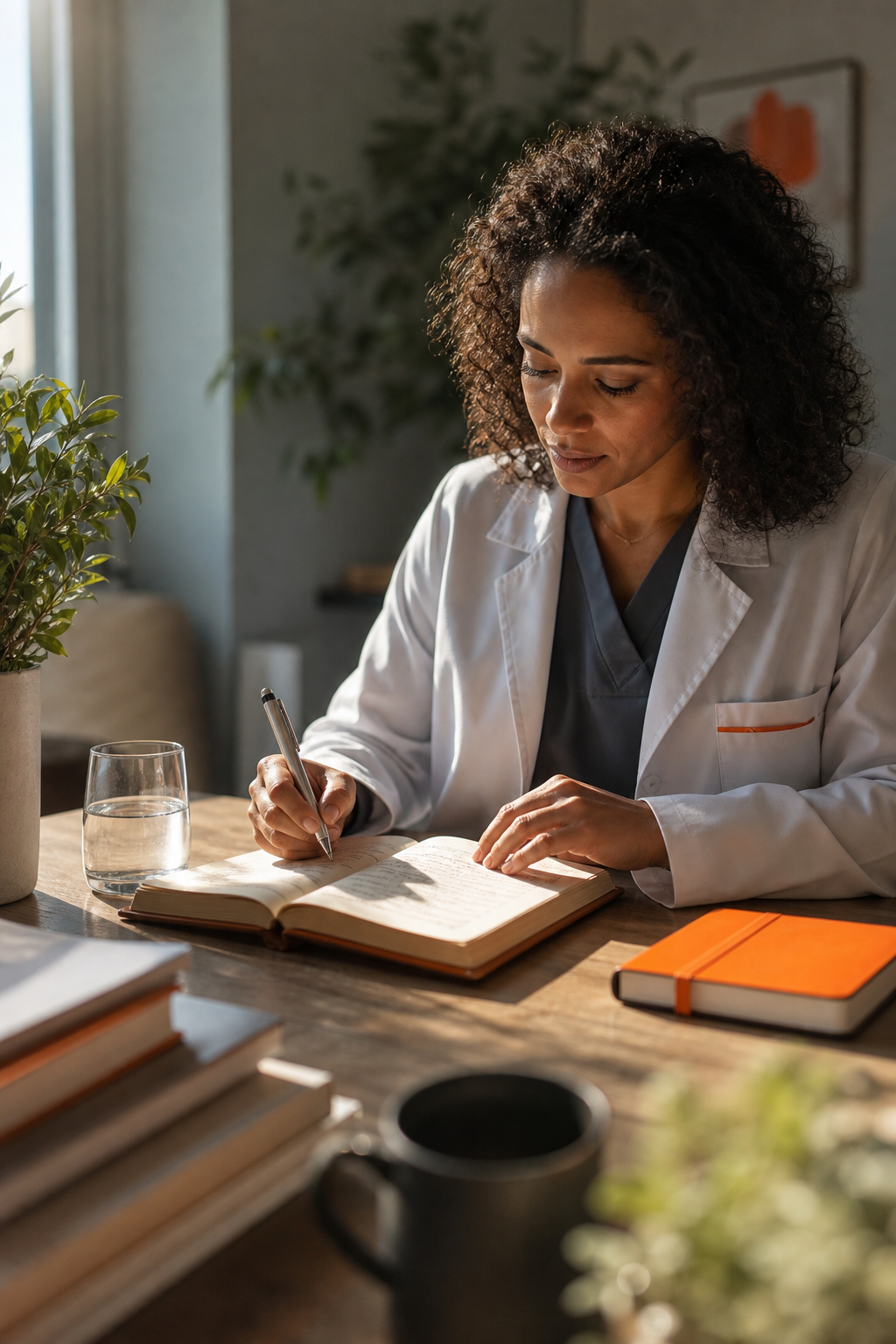 Cinematic shot of a clinician writing in a journal at a desk, with a glass of water and a plant nearby, soft morning light, calm atmosphere. Alt: Clinician creating a wellbeing action plan using the 8 pillars of wellness.