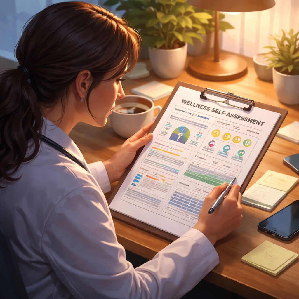 A cinematic style illustration of a clinician reviewing a wellness worksheet, with charts and calming colors. Alt: clinician wellness self assessment worksheet