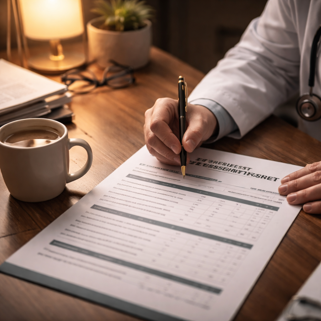 A cinematic style scene of a clinician filling out a printable worksheet at a desk, with soft lighting and a coffee mug. Alt: clinician wellness self assessment worksheet