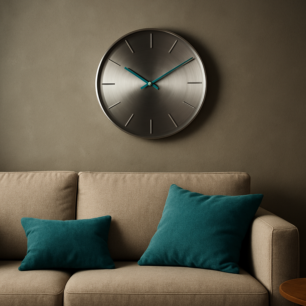 A modern living room wall featuring a brushed‑steel clock with a subtle teal hand, positioned above a sofa with teal accent pillows. Alt: Brushed‑steel wall clock with teal accents in a stylish living room.