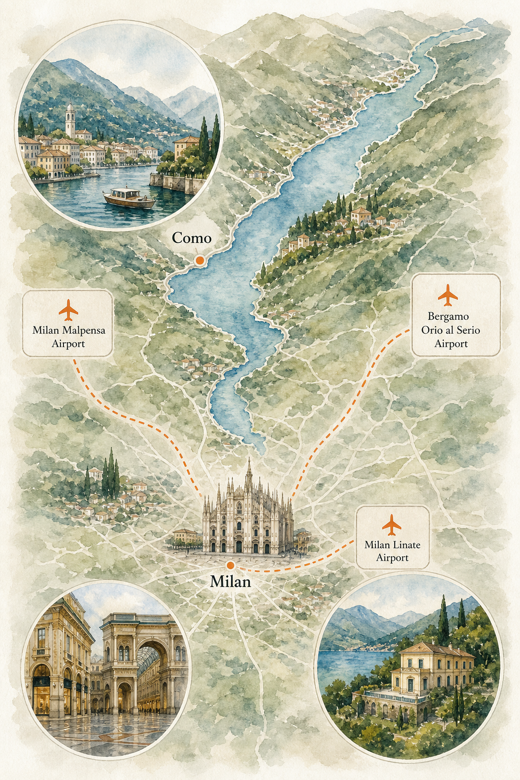Watercolor illustration of the Italian Lake District showing Como, Milan, and surrounding hills with soft blues and greens, annotating airport locations with gentle hand-drawn labels. Alt: map of airports near Lake Como including Milan Malpensa, Linate, and Bergamo Orio al Serio.