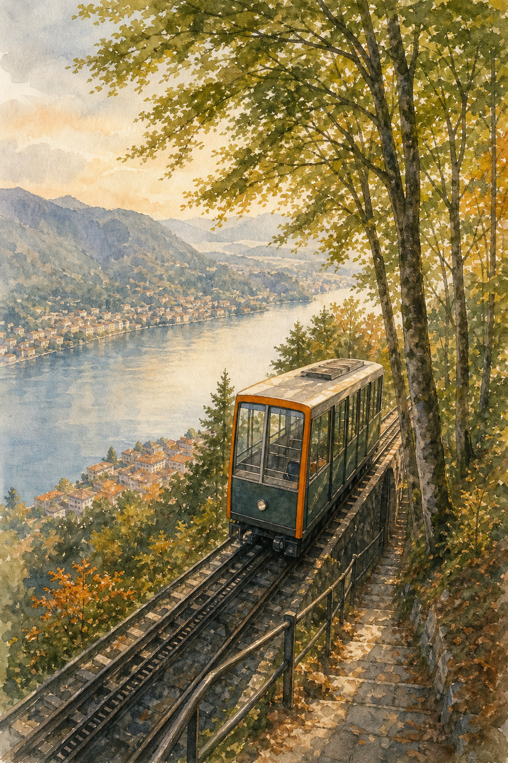 Watercolor scene of the Como-Brunate funicular ascending a steep hillside through beech trees, with warm morning light filtering through the canopy. Alt: Como to Brunate funicular climbing the hillside above Lake Como.
