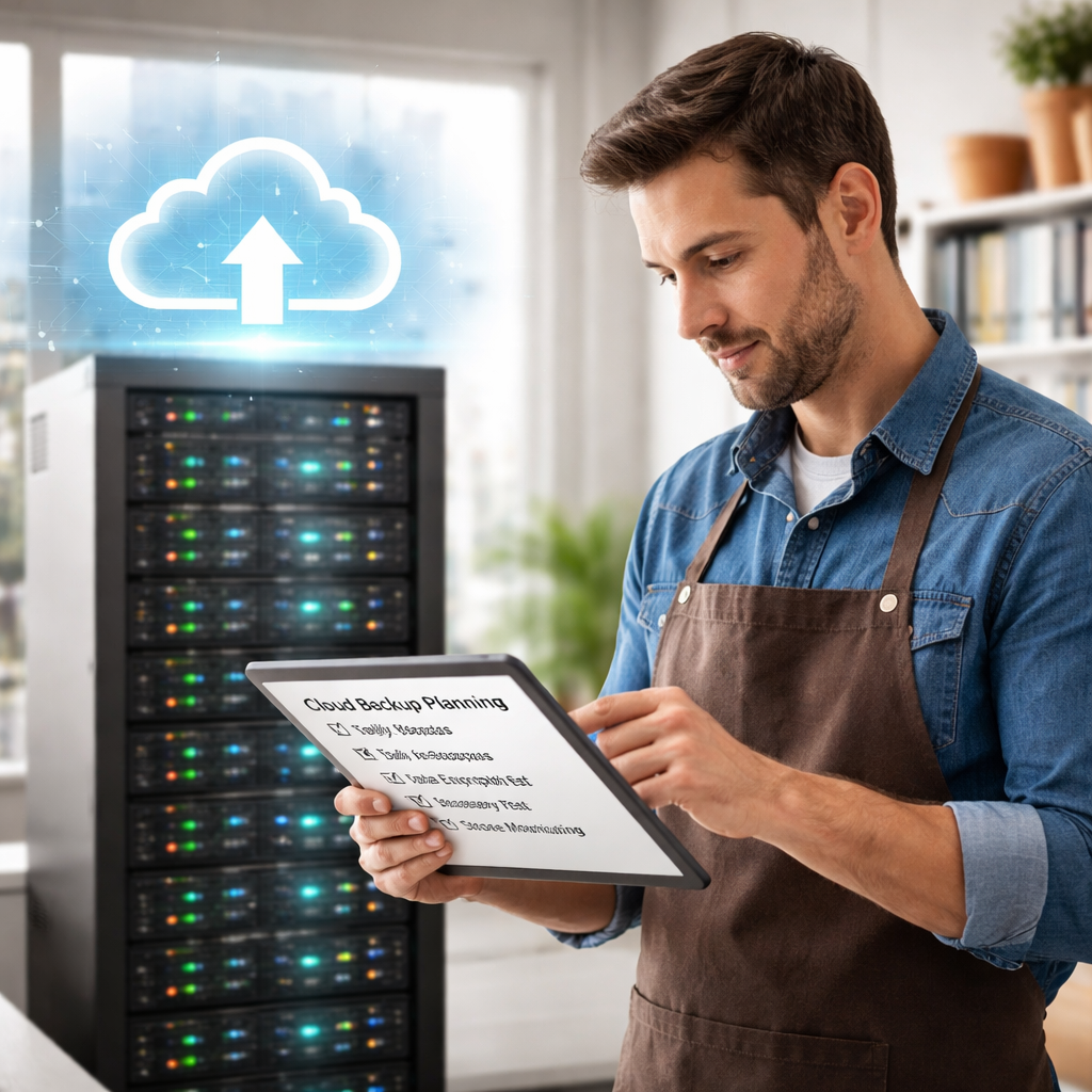 A photorealistic scene of a small business owner reviewing a checklist on a tablet, with a cloud icon hovering above a server rack in a bright office setting in Salinas, showing data backup planning. Alt: Cloud backup planning checklist for small business.