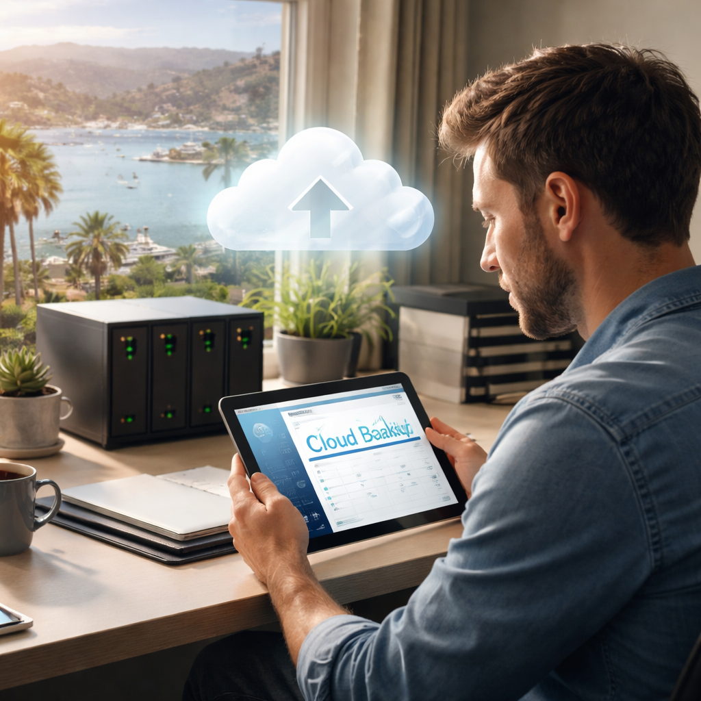 A photorealistic scene of a small business owner in a Monterey office looking at a tablet displaying a cloud backup dashboard, with a local NAS device on a nearby desk and a subtle cloud icon hovering above, realistic lighting, Realism style