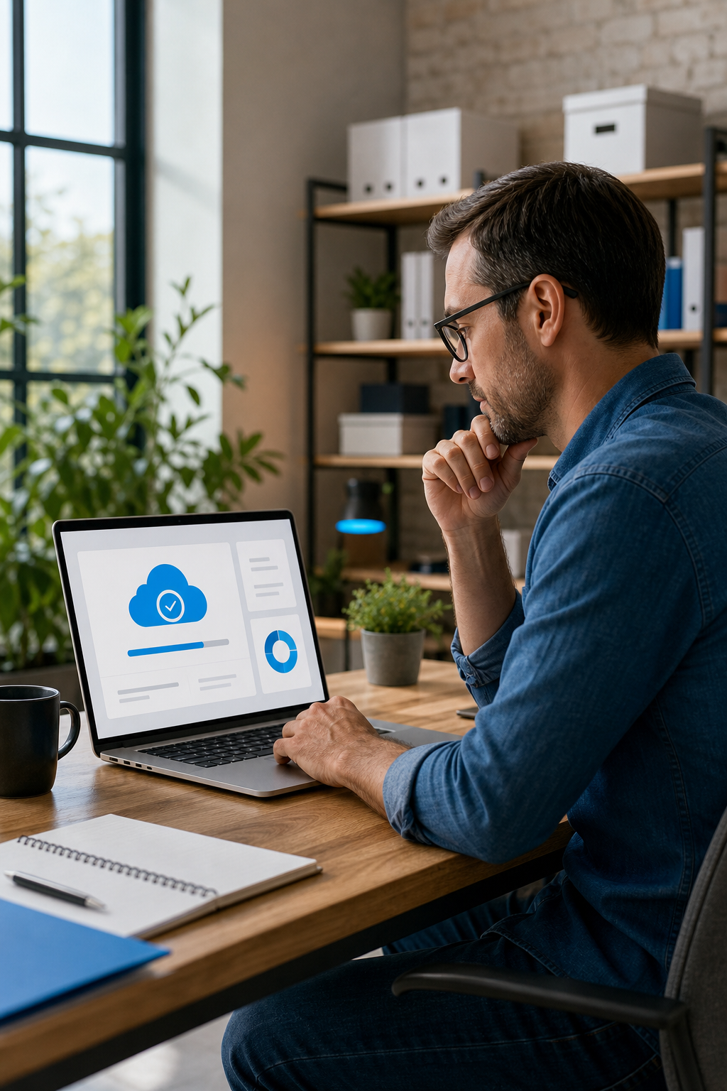 A small business owner reviewing backup status on a laptop in a bright, modern office. Alt: Small business owner checking Carbonite backup dashboard on laptop