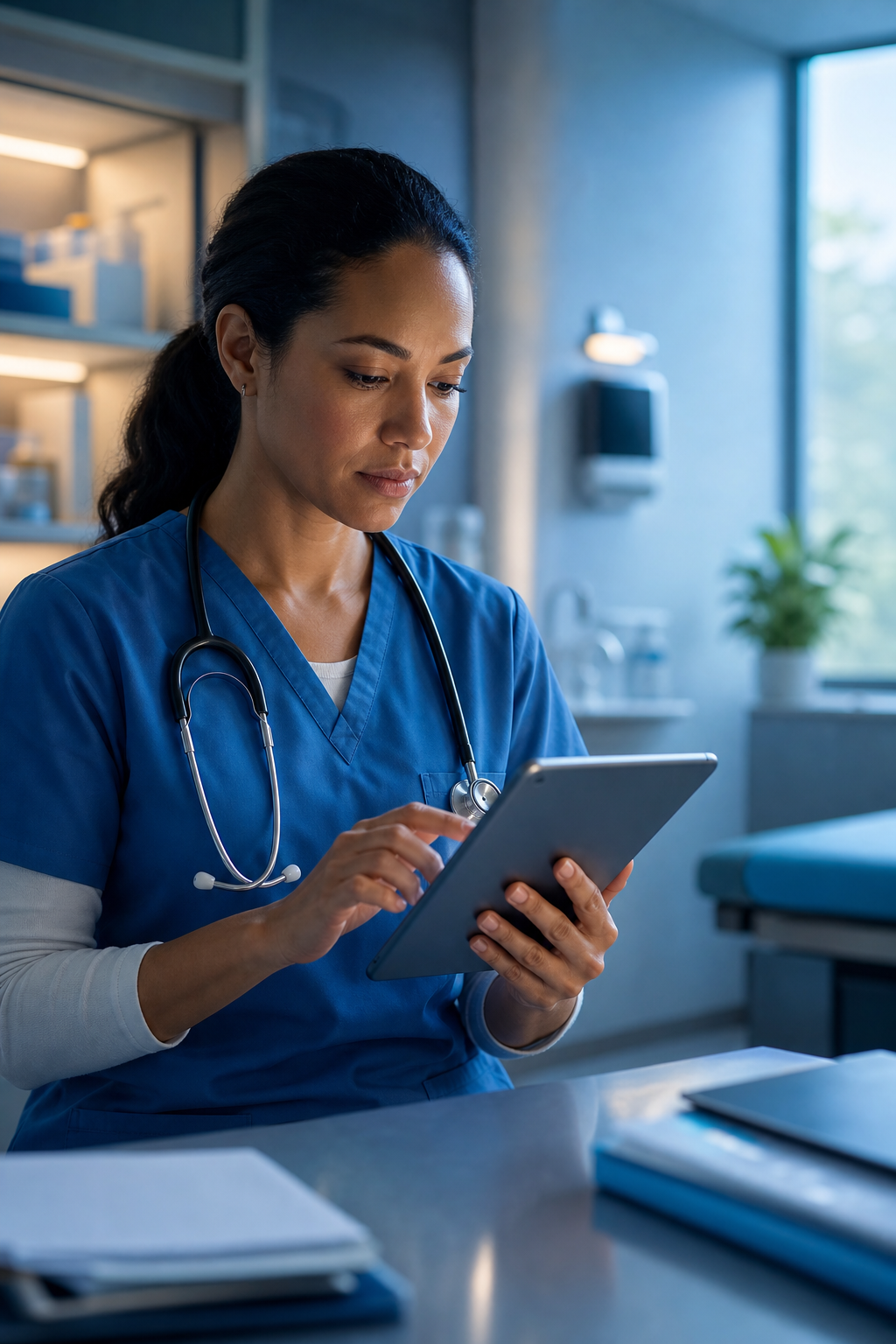 A healthcare professional securely accessing patient files on a tablet in a clinic. Alt: Medical staff using SpiderOak encrypted cloud backup for HIPAA compliance