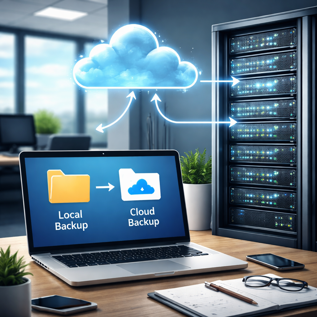 A realistic office scene with a laptop, a server rack, and a cloud icon floating above, illustrating local and cloud backup layers. Alt: cloud backup solutions Monterey CA small business diagram