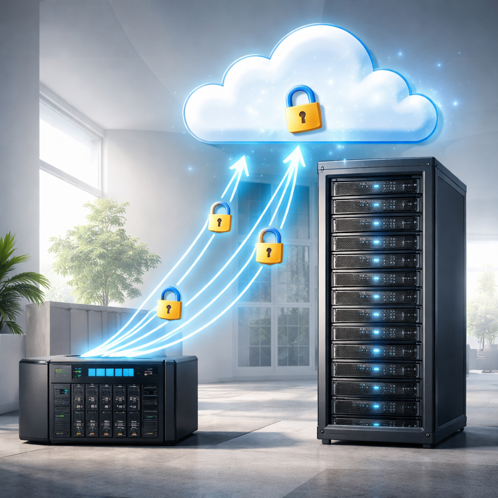 A realistic illustration of a server rack linked to a cloud icon, showing data flow arrows from local NAS to the cloud, with lock symbols representing encryption. Alt: secure backup architecture for cloud backup solutions Monterey CA small business