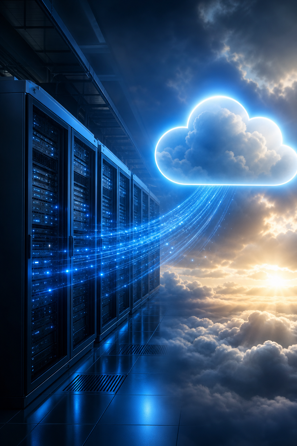 A cinematic illustration of a secure data center connected to a glowing cloud, symbolizing hybrid backup, with subtle Advatek brand color accents. Alt: hybrid backup architecture diagram