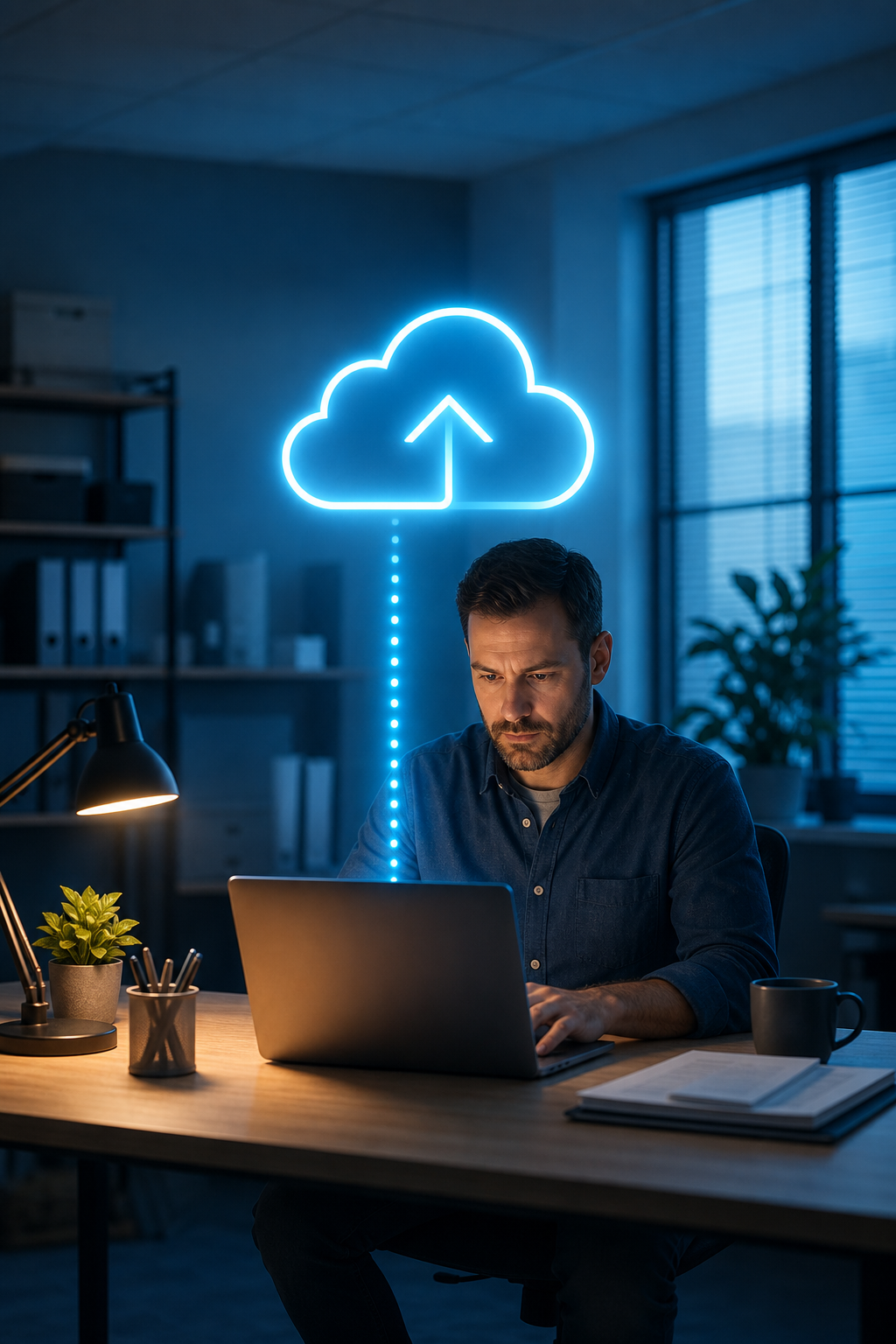 A cinematic scene of a small office with a glowing cloud icon above a laptop, representing simple cloud backup. Alt: simple cloud backup for small business
