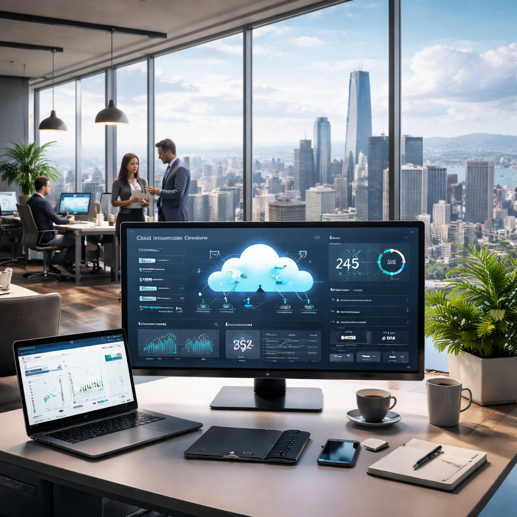 A descriptive prompt for an AI image generator, related to the surrounding text. Alt: Realistic modern Bay Area office using cloud IT services with a dashboard on screen and a skyline view.