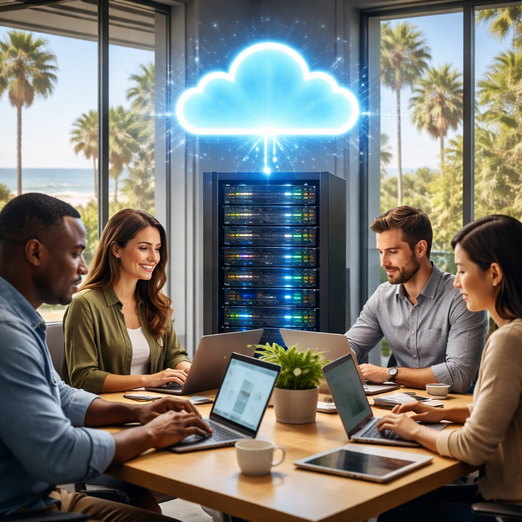 A photorealistic office scene in Monterey showing a small business team working on laptops, with a glowing cloud icon above a server rack symbolizing cloud IT services. Alt: Cloud IT services for small business, realistic style.