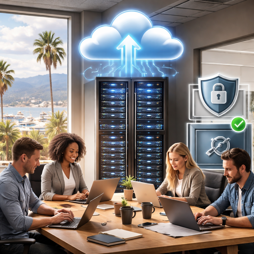 A photorealistic office scene in Monterey showing a small team working on laptops, a cloud icon above a server rack, and a secure backup vault graphic. Alt: Cloud IT services for small business with managed support, security, and backup in realism style.