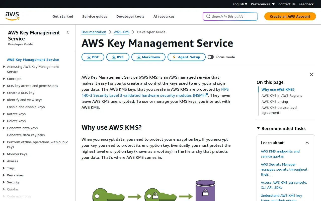 Screenshot of the AWS Key Management Service by Amazon Web Services website