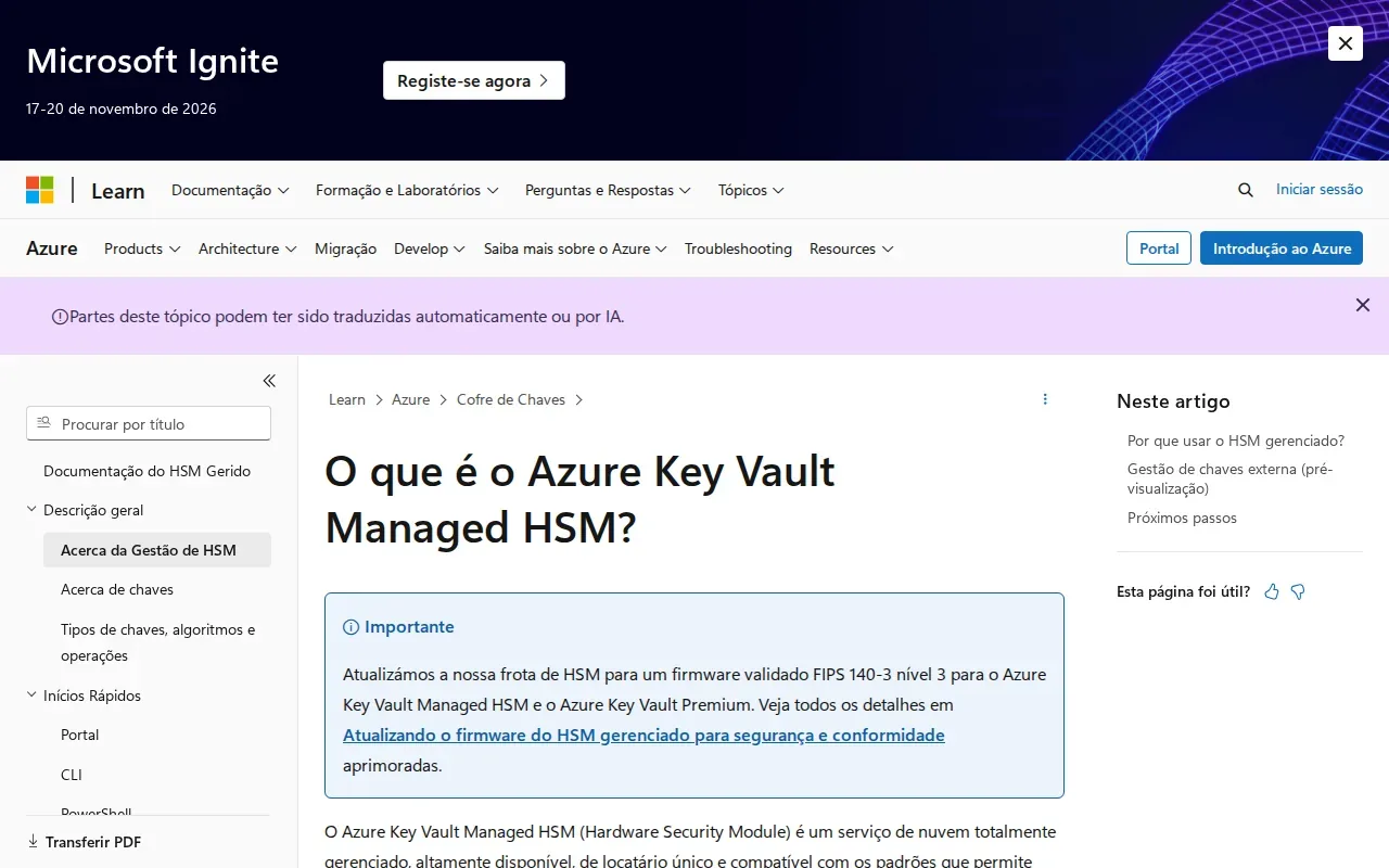 Screenshot of the Azure Key Vault Managed HSM by Microsoft website