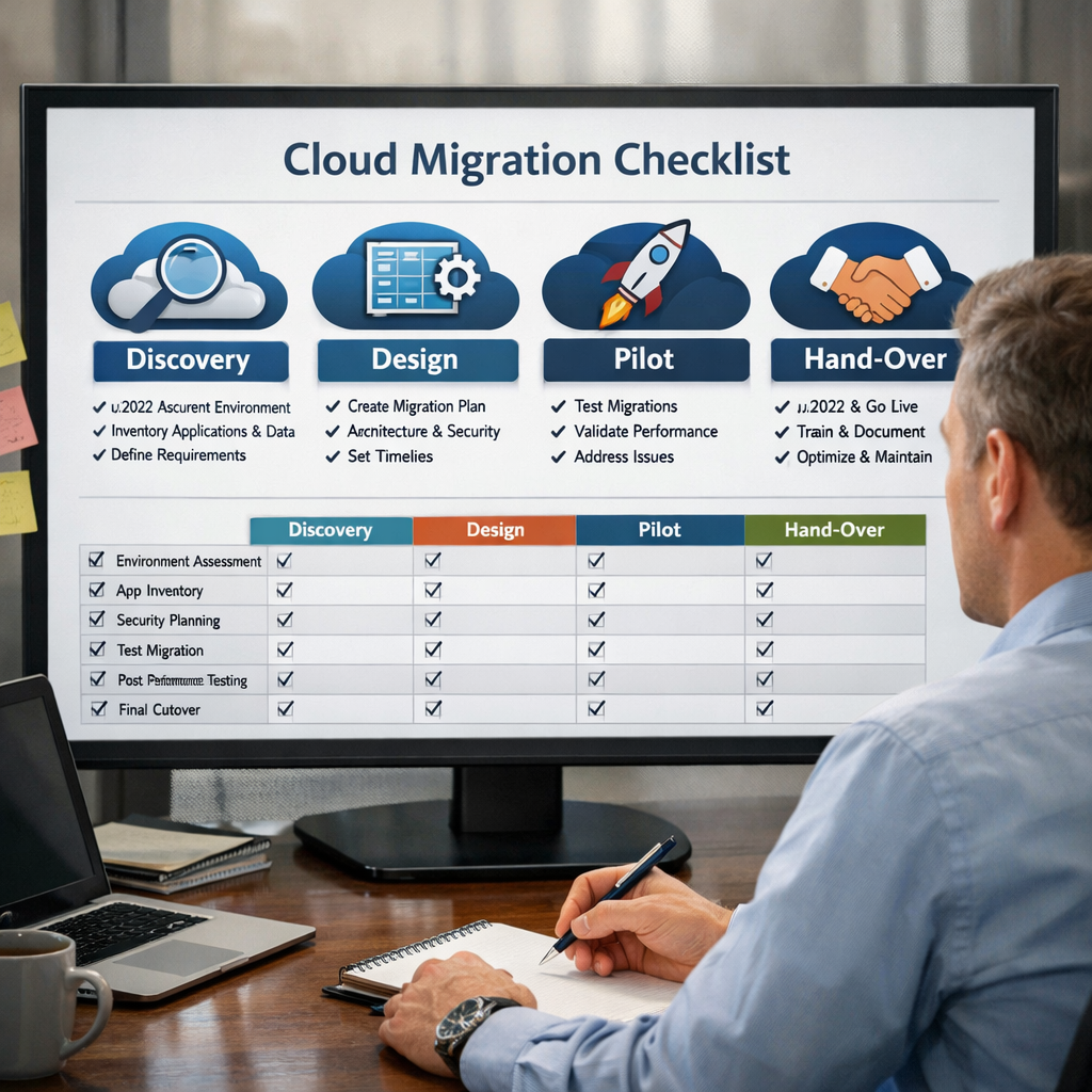 A realistic illustration of a project manager reviewing a multi‑step cloud migration checklist on a large monitor, with icons for discovery, design, pilot, and hand‑over. Alt: cloud migration planning template overview