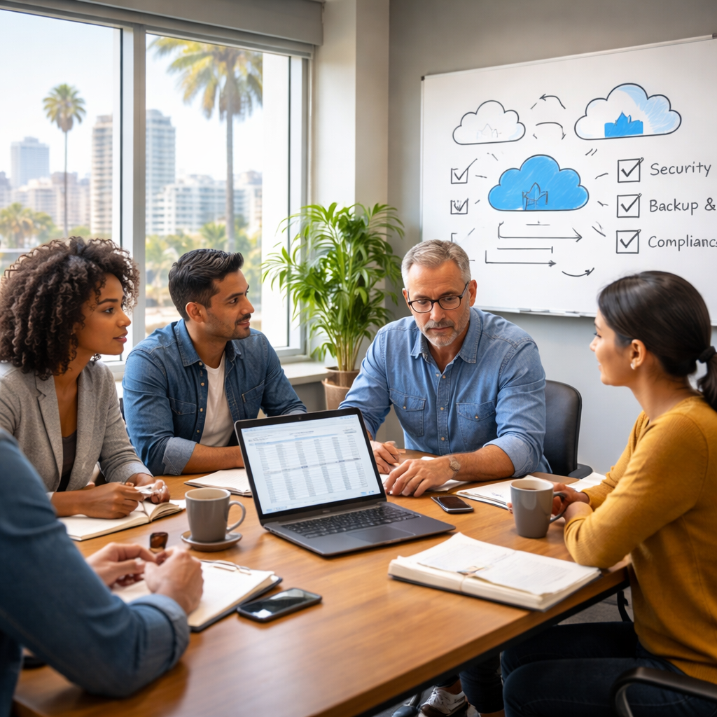 A photorealistic scene of a small business office in the Bay Area, a diverse team gathered around a conference table reviewing a large spreadsheet on a laptop, with a whiteboard displaying cloud icons and compliance checkmarks, natural daylight streaming through large windows, realistic office setting. Alt: Assessing current IT infrastructure for cloud migration in a Bay Area SMB.