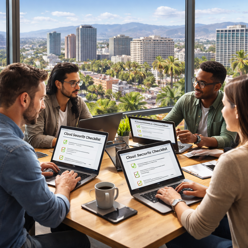 A realistic photorealistic scene of a small business IT team reviewing cloud security checklists on laptops, with a backdrop of the San Jose skyline, illustrating cloud migration services bay area. Alt: IT team ensuring security and compliance during cloud migration.