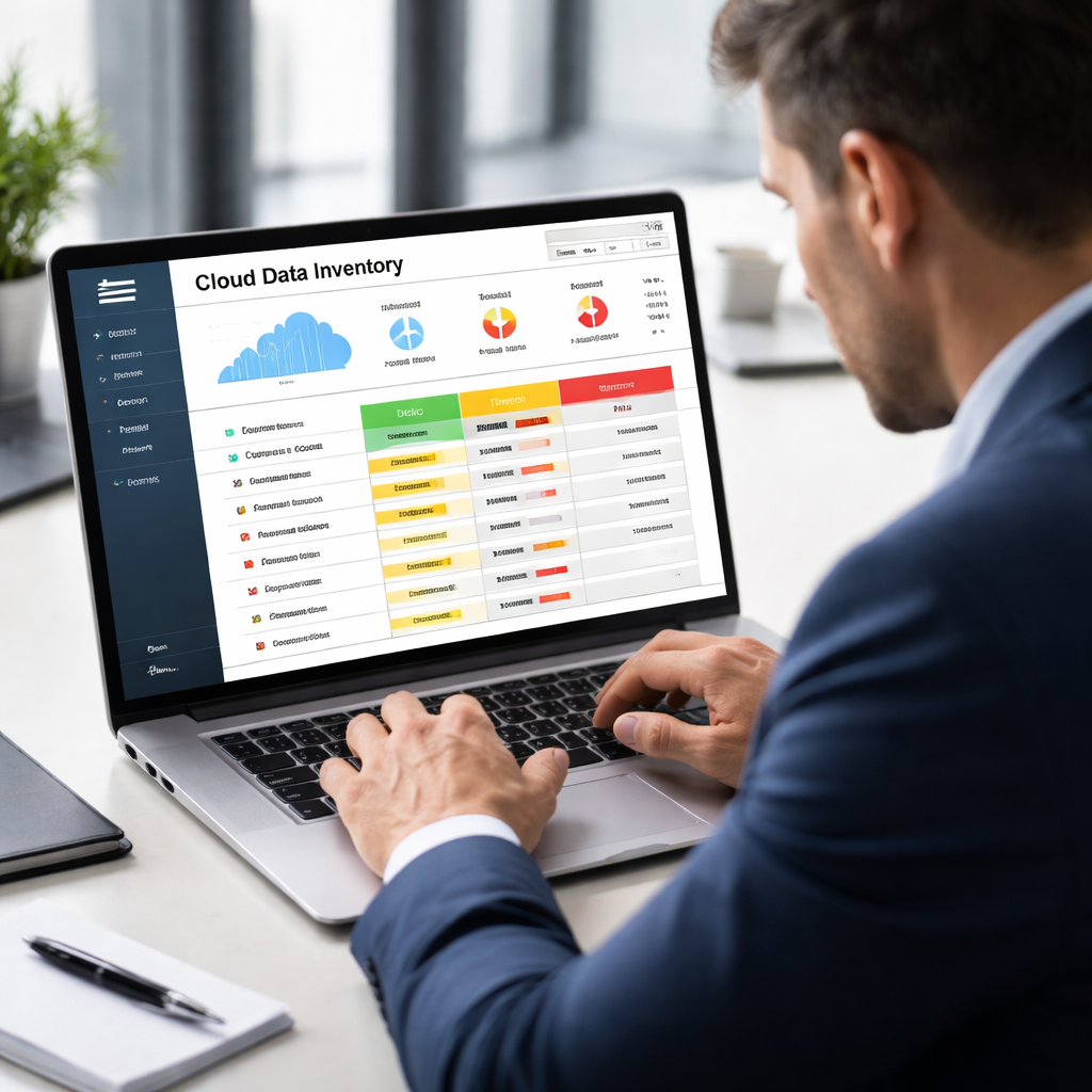 A realistic illustration of a business professional reviewing a cloud data inventory on a laptop, with color‑coded data classifications visible on screen. Alt: cloud data classification inventory visual
