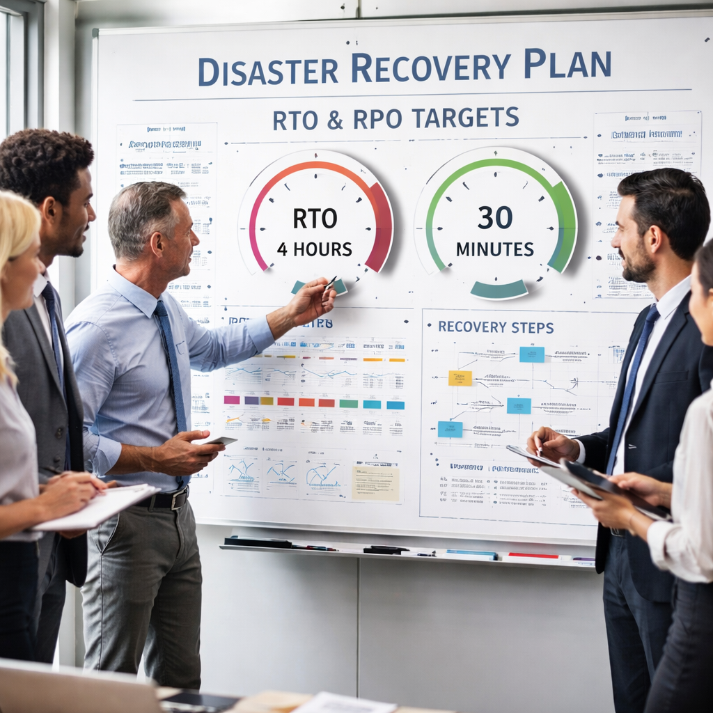 A realistic scene of a business team reviewing a disaster recovery plan on a whiteboard, with charts showing RTO and RPO targets. Alt: disaster recovery planning visual