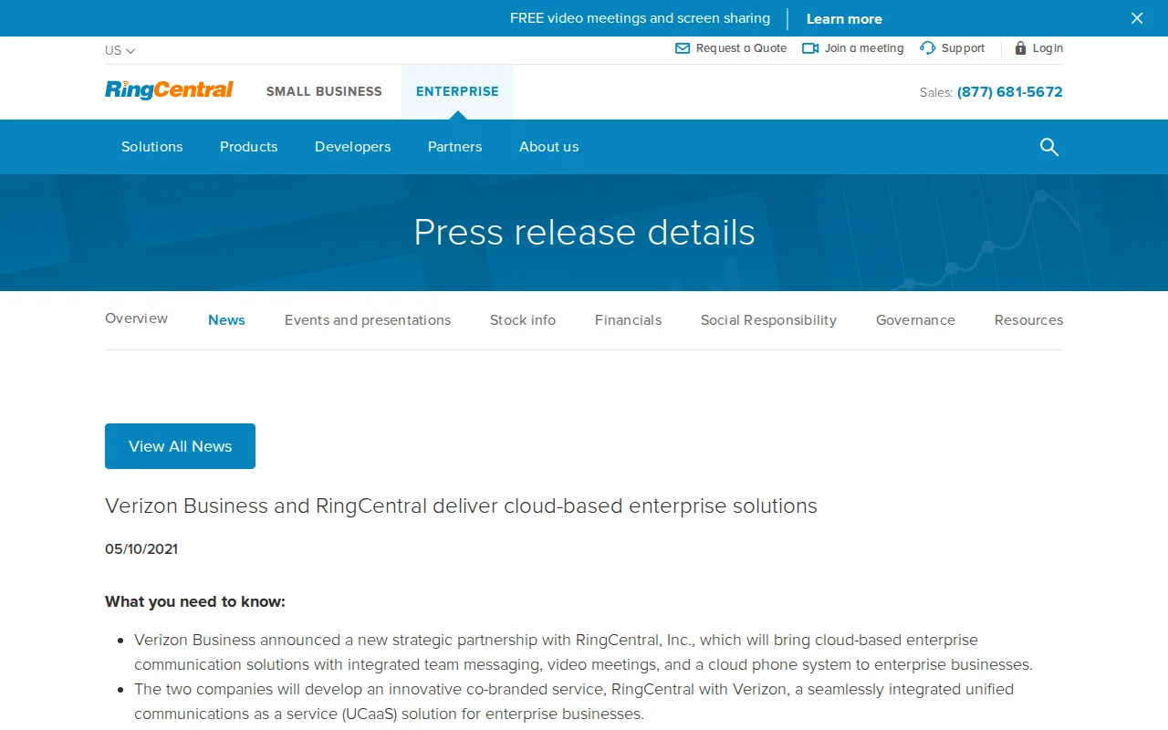 Screenshot of the RingCentral website