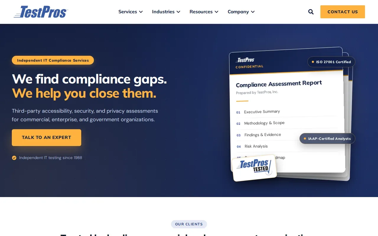 Screenshot of the TestPros website