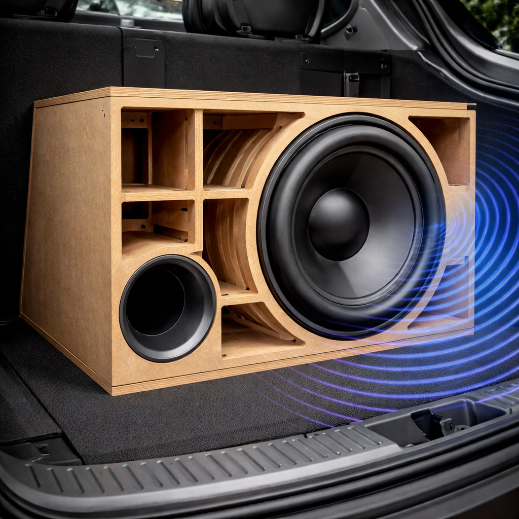 A photorealistic scene of a CNC‑machined subwoofer enclosure with precise internal bracing and a perfectly cut port, showing a car audio installation in a modern vehicle interior, highlighting the solid MDF walls and the acoustic wave pattern emanating from the subwoofer. Alt: CNC machined subwoofer box acoustic benefits for low frequency extension.