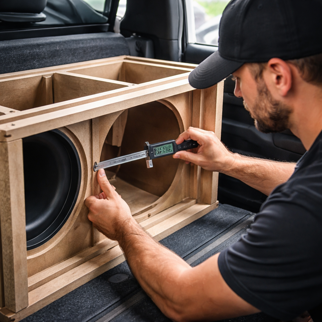A photorealistic shot of a car audio installer measuring the internal dimensions of a CNC‑machined subwoofer enclosure with a digital caliper in a truck cabin, showing the precise MDF panels, interlocking joints, and a port tube, highlighting the meticulous fit for low‑frequency extension. Alt: Installer verifying CNC‑cut subwoofer box dimensions for optimal bass.