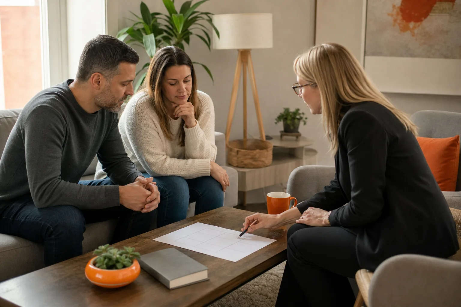 Co-parents discussing needs and a child-focused schedule with a therapist.