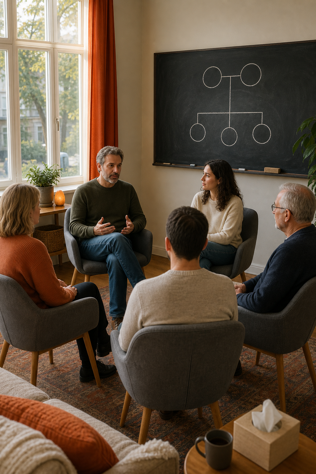 A warm therapy room with a circle of chairs, a chalkboard showing a family systems diagram, natural light filtering through windows, Realism style, alt=