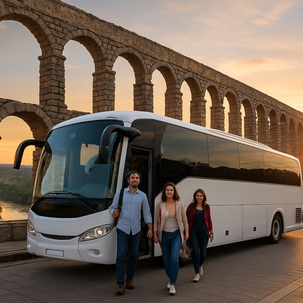A modern coach parked beside the historic aqueduct of Segovia, with passengers stepping out, smiling, and a sunrise over the river. Alt: coach hire in madrid day trip Segovia aqueduct