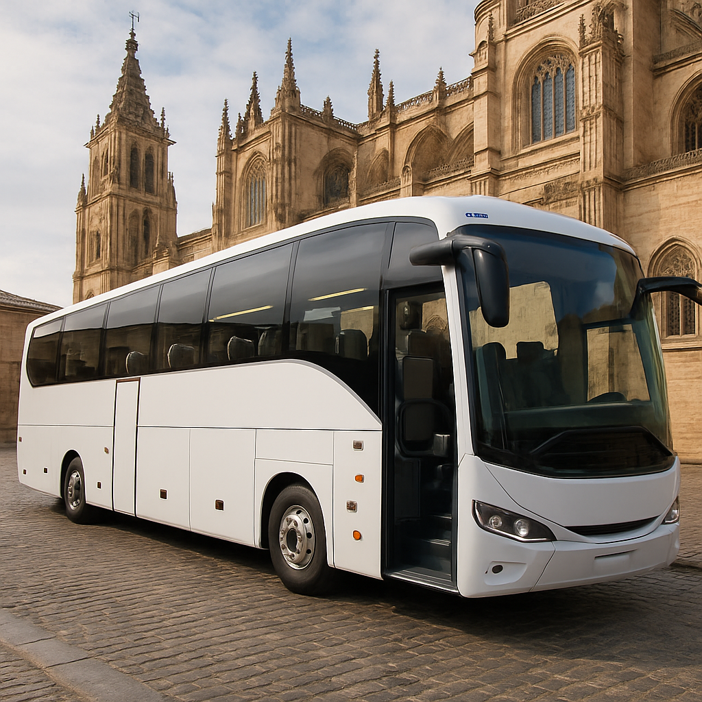 A sleek Spanish coach parked beside a historic cathedral, showing the spacious interior with comfortable seats, luggage racks, and a driver‑controlled navigation screen. Alt: coach hire in spain cost factors and pricing guide interior view