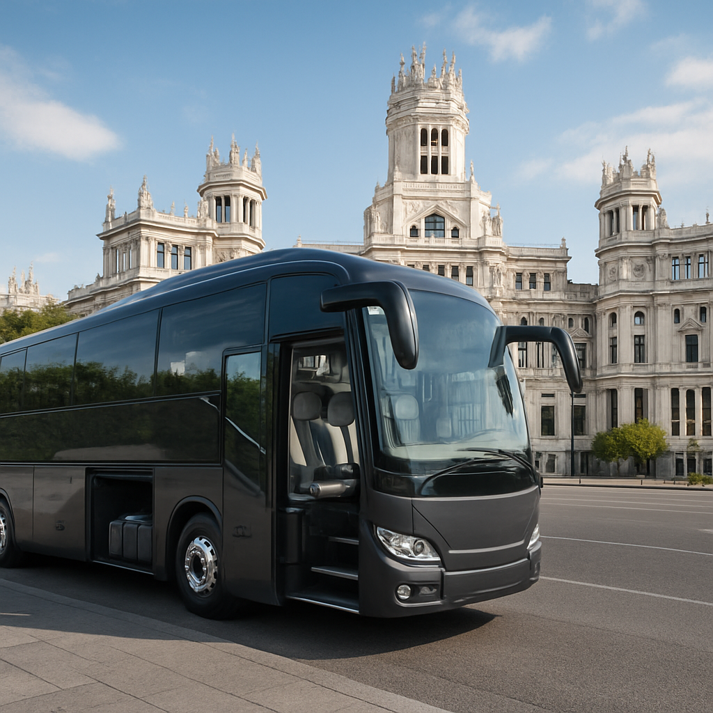 A sleek modern coach parked in front of a Madrid landmark, with open doors showing spacious, comfortable seating and luggage compartments. Alt: coach hire madrid interior and exterior view showing capacity and comfort