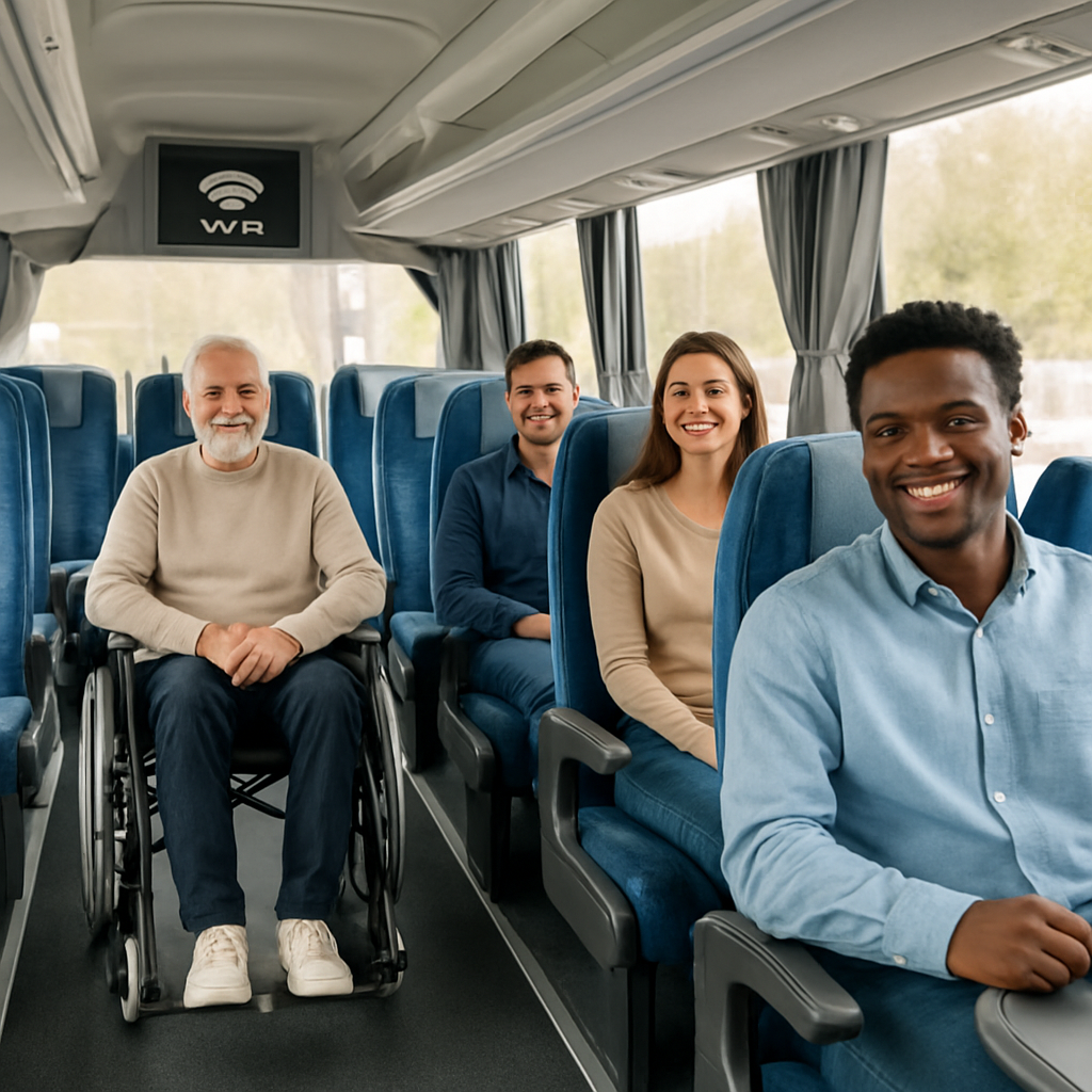 A bright, modern coach interior with passengers smiling, a wheelchair ramp lowered, Wi‑Fi sign on a screen, and a small table with bottled water and snacks. Alt: coach hire madrid smooth ride etiquette accessibility extras