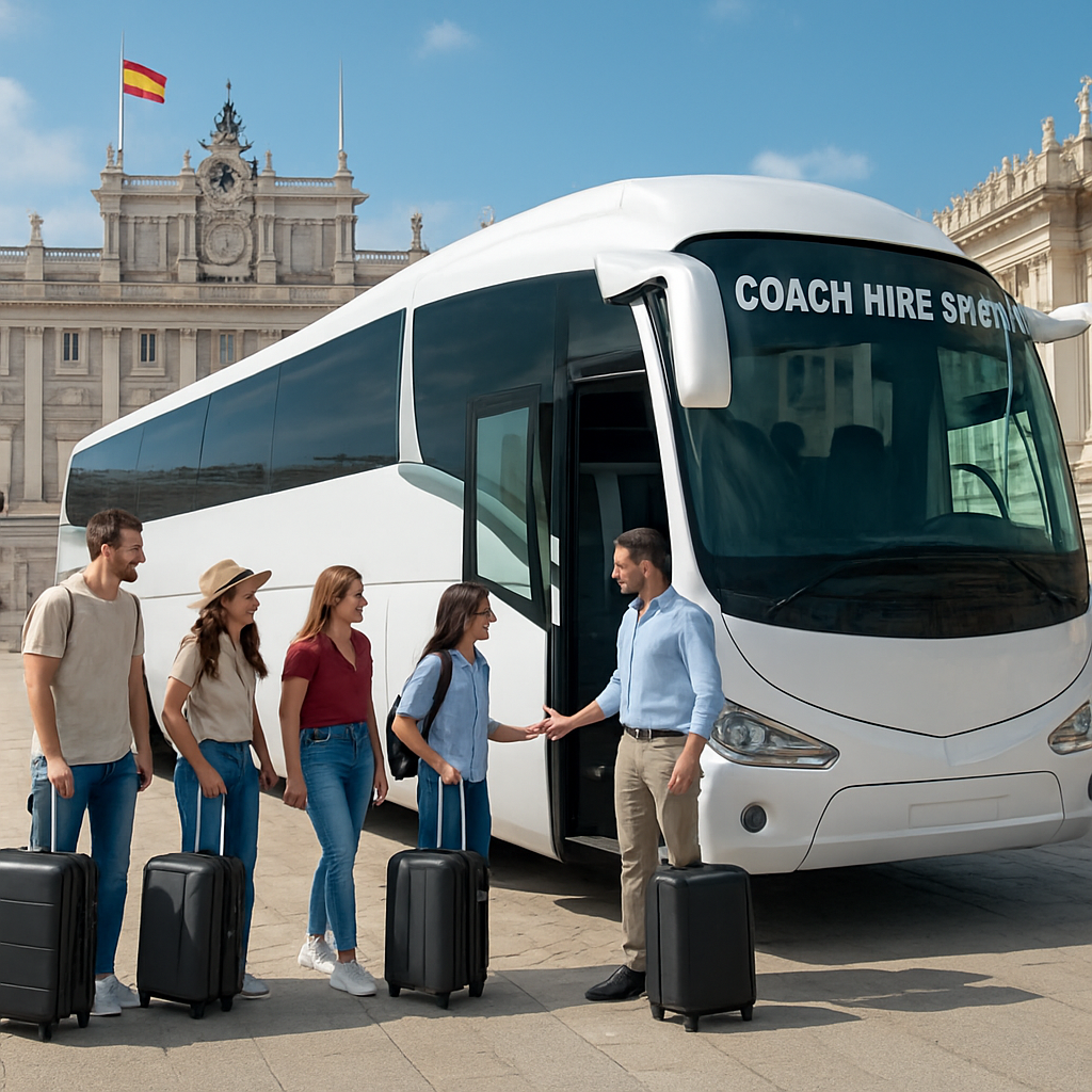 A modern Spanish coach parked in front of the Royal Palace of Madrid, with a group of smiling travelers loading their luggage. Alt: coach hire spain luxury bus with passengers ready for a city tour
