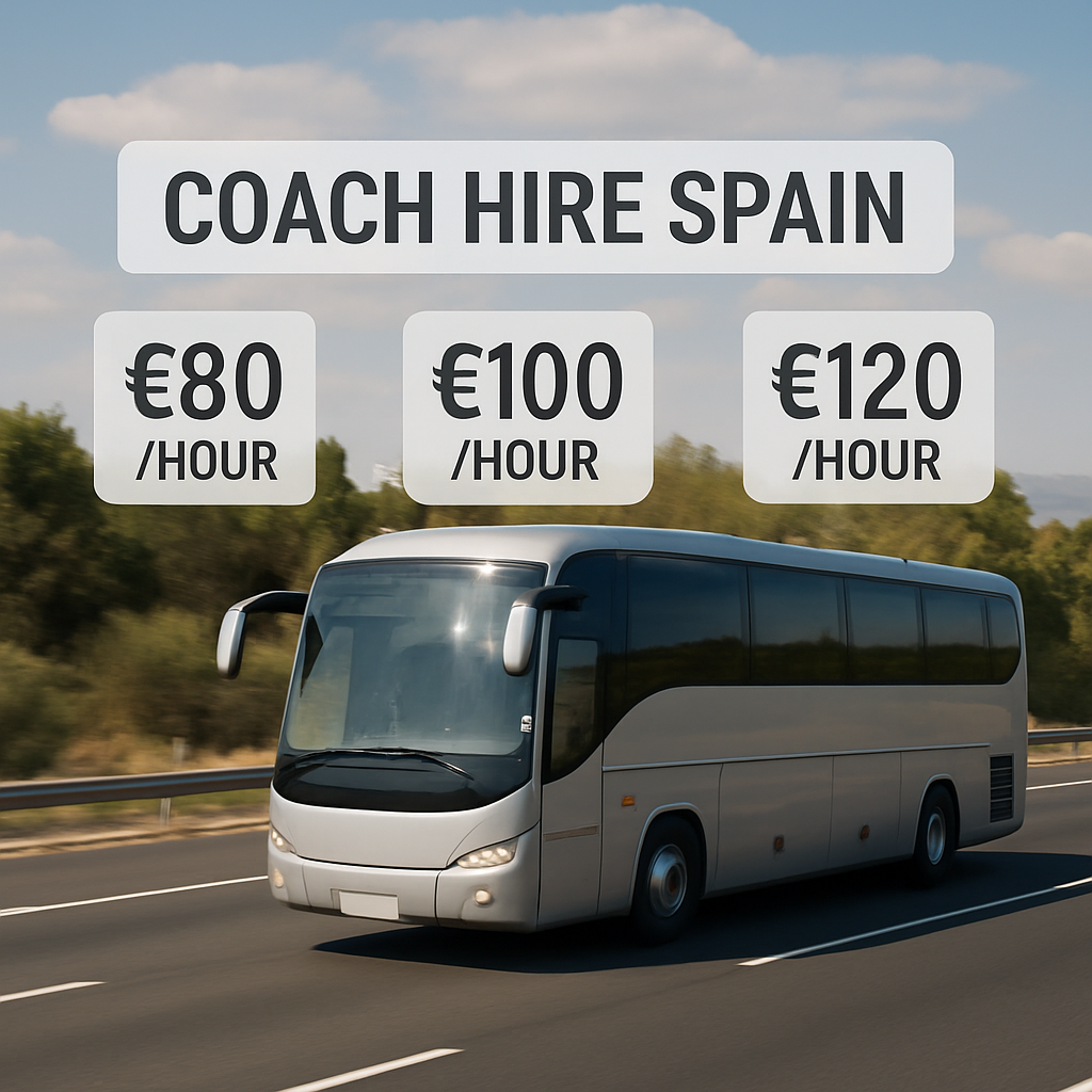 A sleek coach traveling along a Spanish highway with price tags floating, Alt: coach hire spain cost comparison chart.