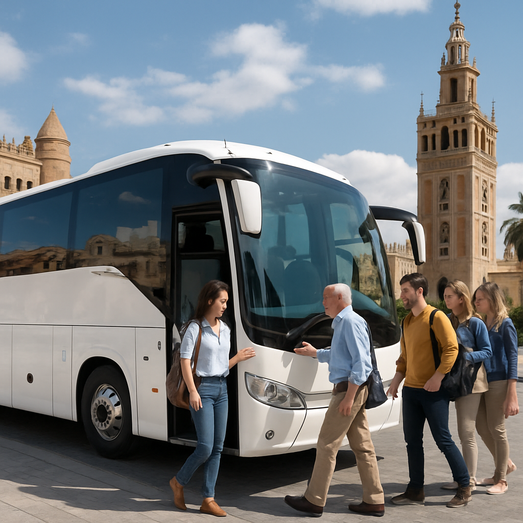 A modern climate‑controlled coach parked near a historic Spanish landmark, passengers boarding with smiles. Alt: coach hire Spain group transport